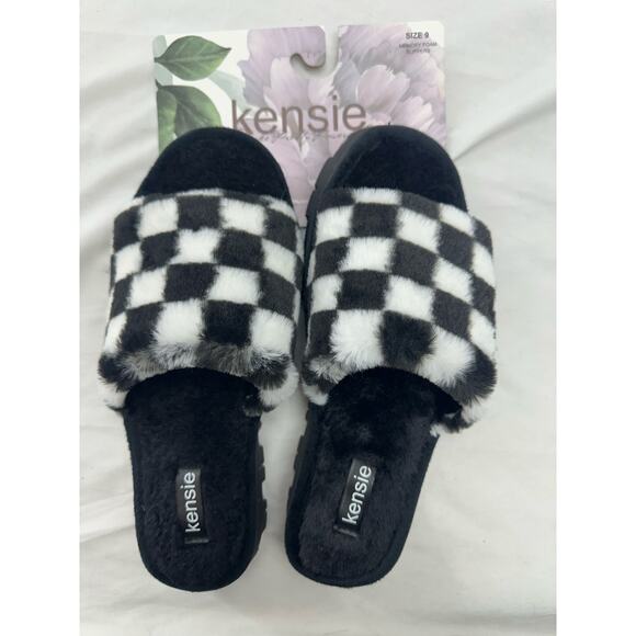 Kensie Black/white Check Slippers Slides 9 NEW - Picture 1 of 5